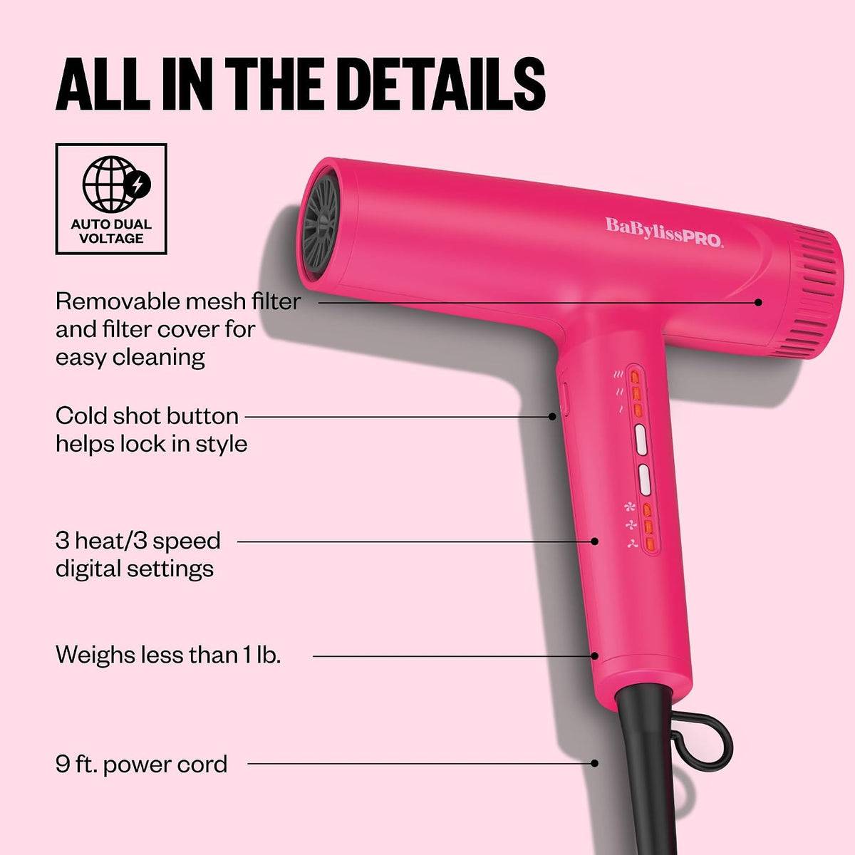 BaBylissPRO Nano Light High-Speed Ionic Dryer (Hot Pink)