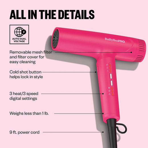 BaBylissPRO Nano Light High-Speed Ionic Dryer (Hot Pink)